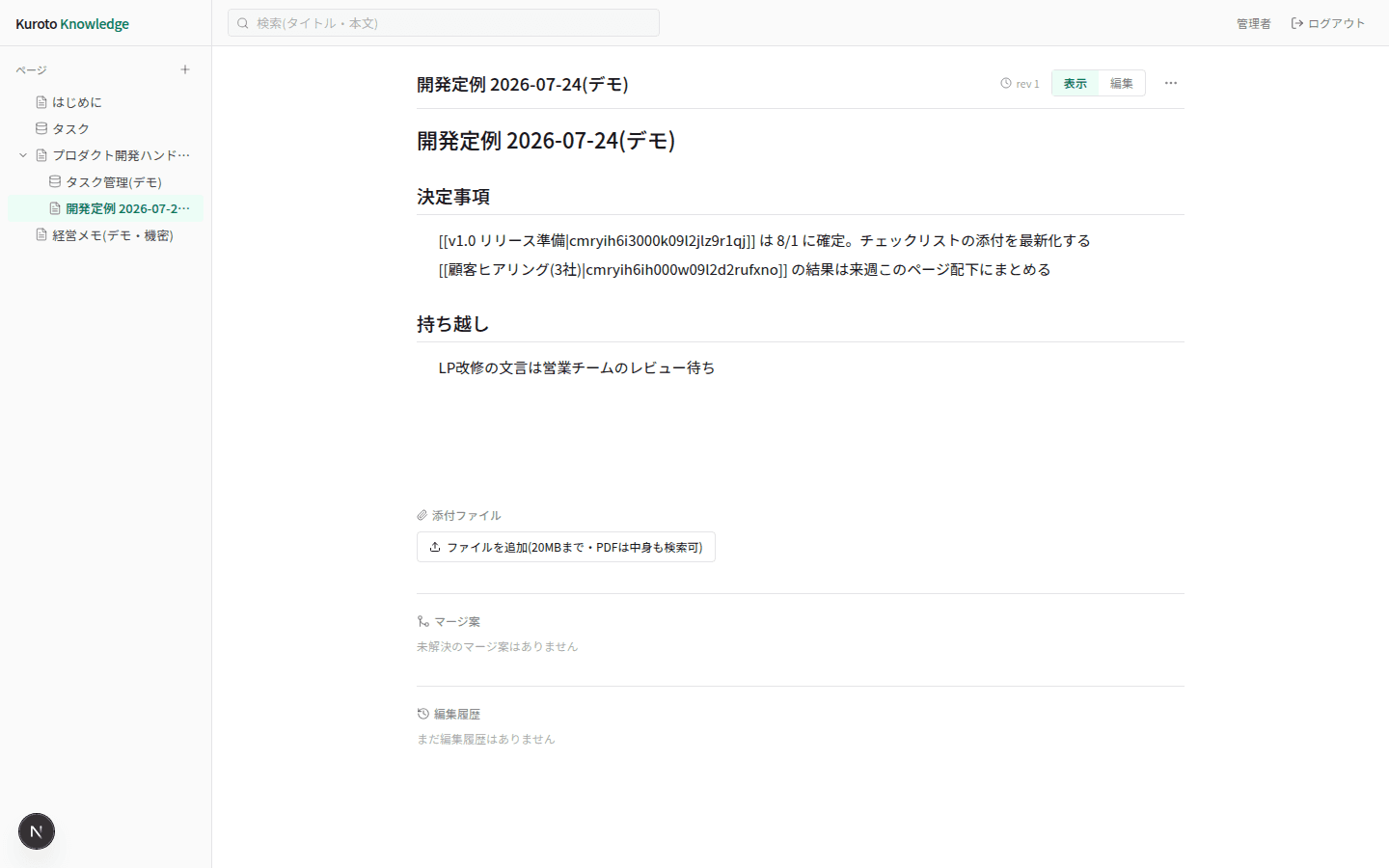 議事録ページ。wikiリンクでタスクへ接続